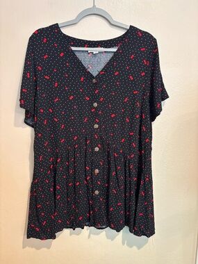 Black Babydoll Blouse with Little Red Cherries, Button Up, Flowy Retro Pinup